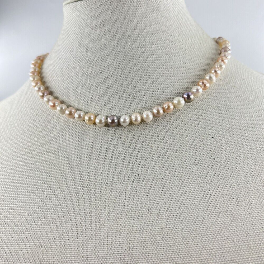WW Pearl Necklace Hand Knotted Sterling Clasp Pink Cream And Gray 18” Classic